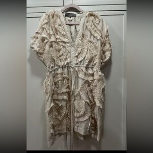 Sachin & Babi 100% Silk Cream Ruffle Appliqué Dress | Textured Designer Mini